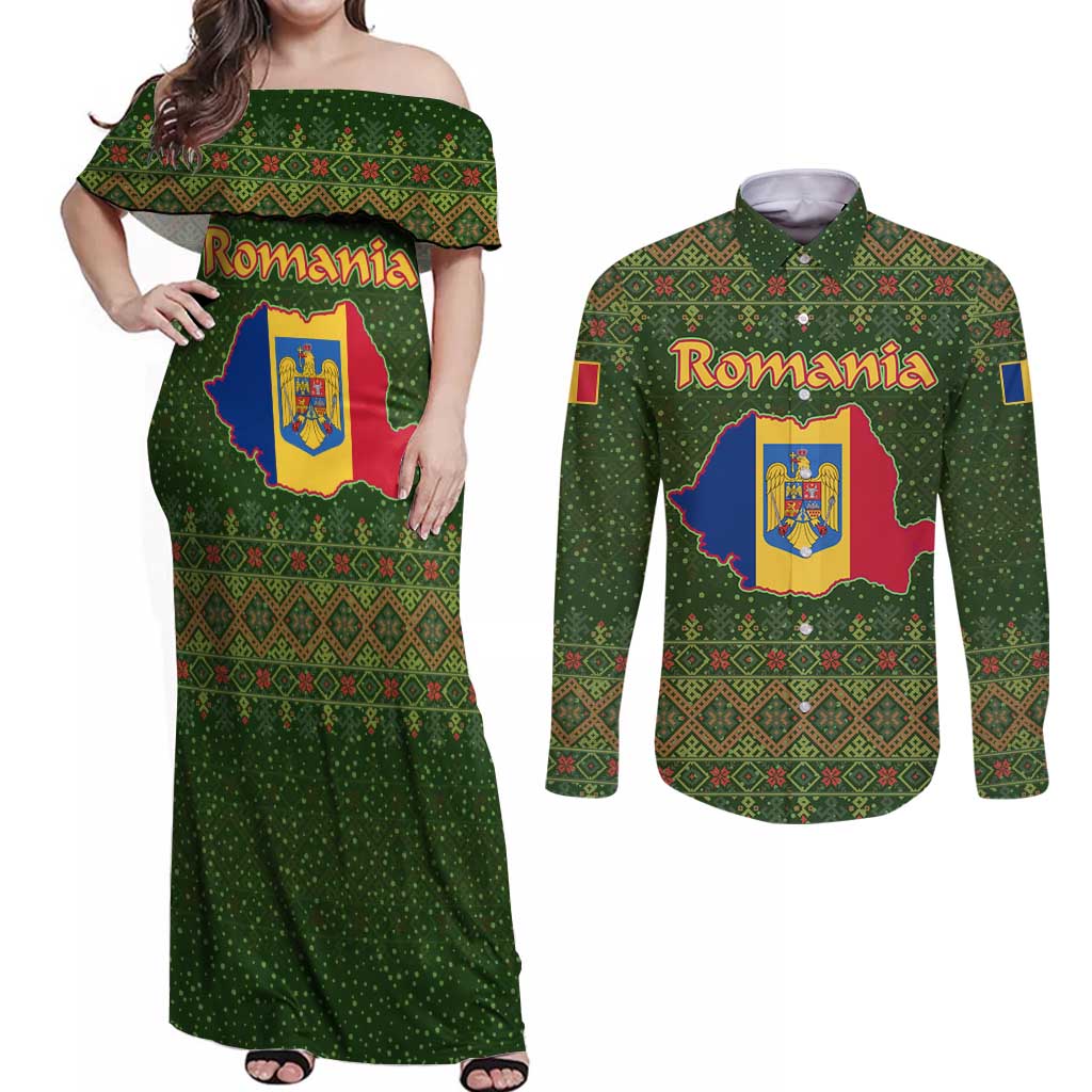 Romania Christmas Couples Matching Off Shoulder Maxi Dress and Long Sleeve Button Shirt with Map Tricolor Flag Golden Eagle and Santa Motif - Wonder Print Shop