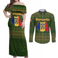 Romania Christmas Couples Matching Off Shoulder Maxi Dress and Long Sleeve Button Shirt with Map Tricolor Flag Golden Eagle and Santa Motif - Wonder Print Shop