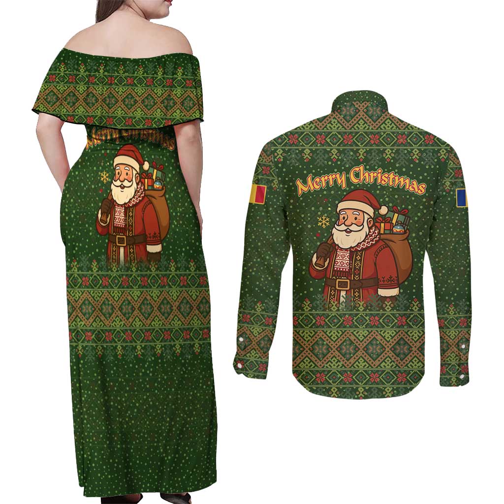 Romania Christmas Couples Matching Off Shoulder Maxi Dress and Long Sleeve Button Shirt with Map Tricolor Flag Golden Eagle and Santa Motif - Wonder Print Shop
