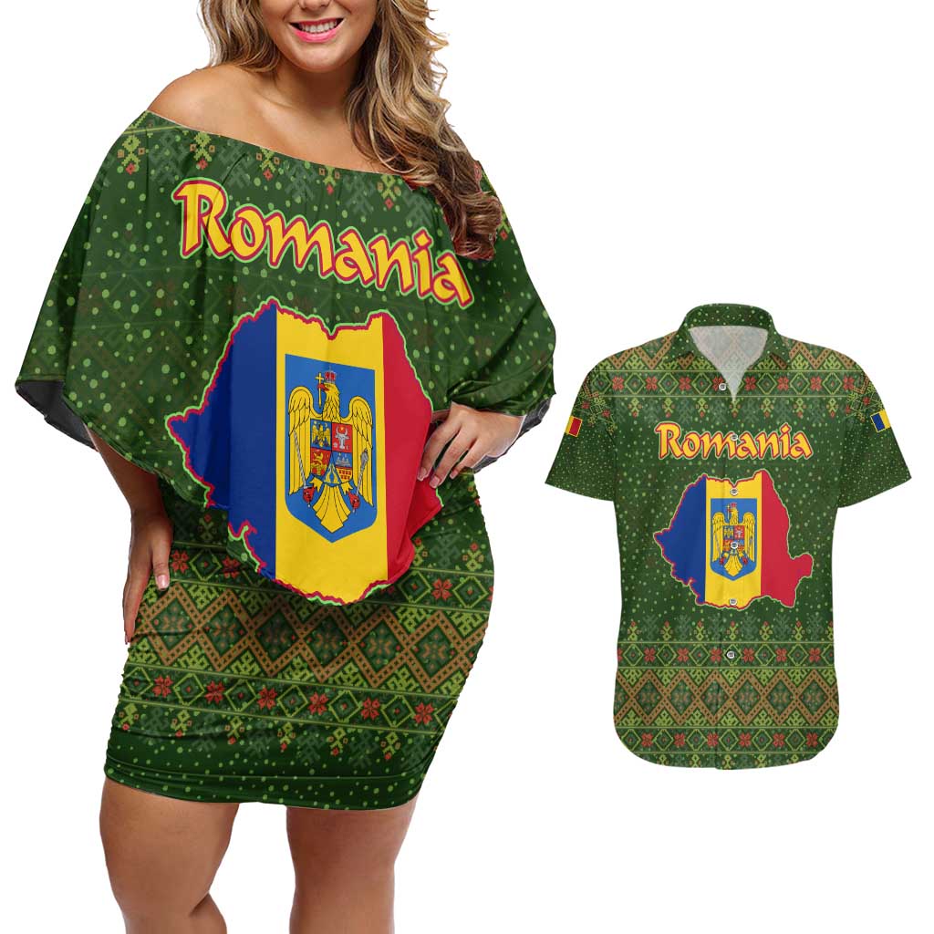 Romania Christmas Couples Matching Off Shoulder Short Dress and Hawaiian Shirt with Map Tricolor Flag Golden Eagle and Santa Motif - Wonder Print Shop