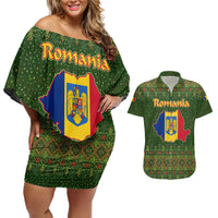Romania Christmas Couples Matching Off Shoulder Short Dress and Hawaiian Shirt with Map Tricolor Flag Golden Eagle and Santa Motif - Wonder Print Shop