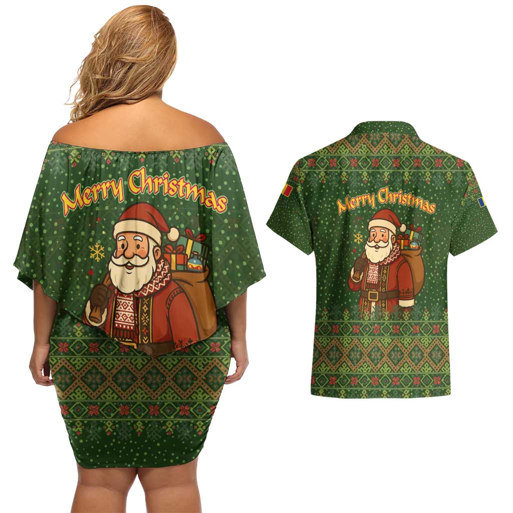 Romania Christmas Couples Matching Off Shoulder Short Dress and Hawaiian Shirt with Map Tricolor Flag Golden Eagle and Santa Motif - Wonder Print Shop