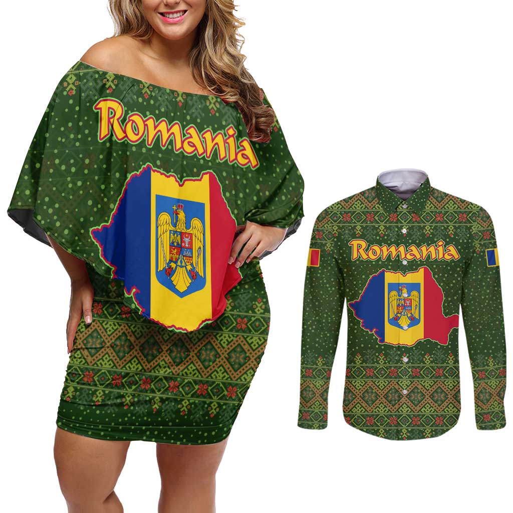 Romania Christmas Couples Matching Off Shoulder Short Dress and Long Sleeve Button Shirt with Map Tricolor Flag Golden Eagle and Santa Motif - Wonder Print Shop