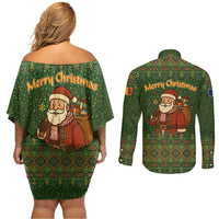 Romania Christmas Couples Matching Off Shoulder Short Dress and Long Sleeve Button Shirt with Map Tricolor Flag Golden Eagle and Santa Motif - Wonder Print Shop