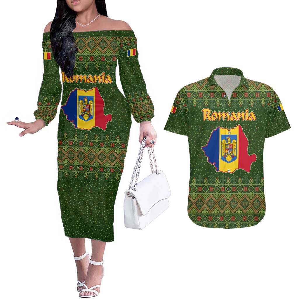Romania Christmas Couples Matching Off The Shoulder Long Sleeve Dress and Hawaiian Shirt with Map Tricolor Flag Golden Eagle and Santa Motif - Wonder Print Shop