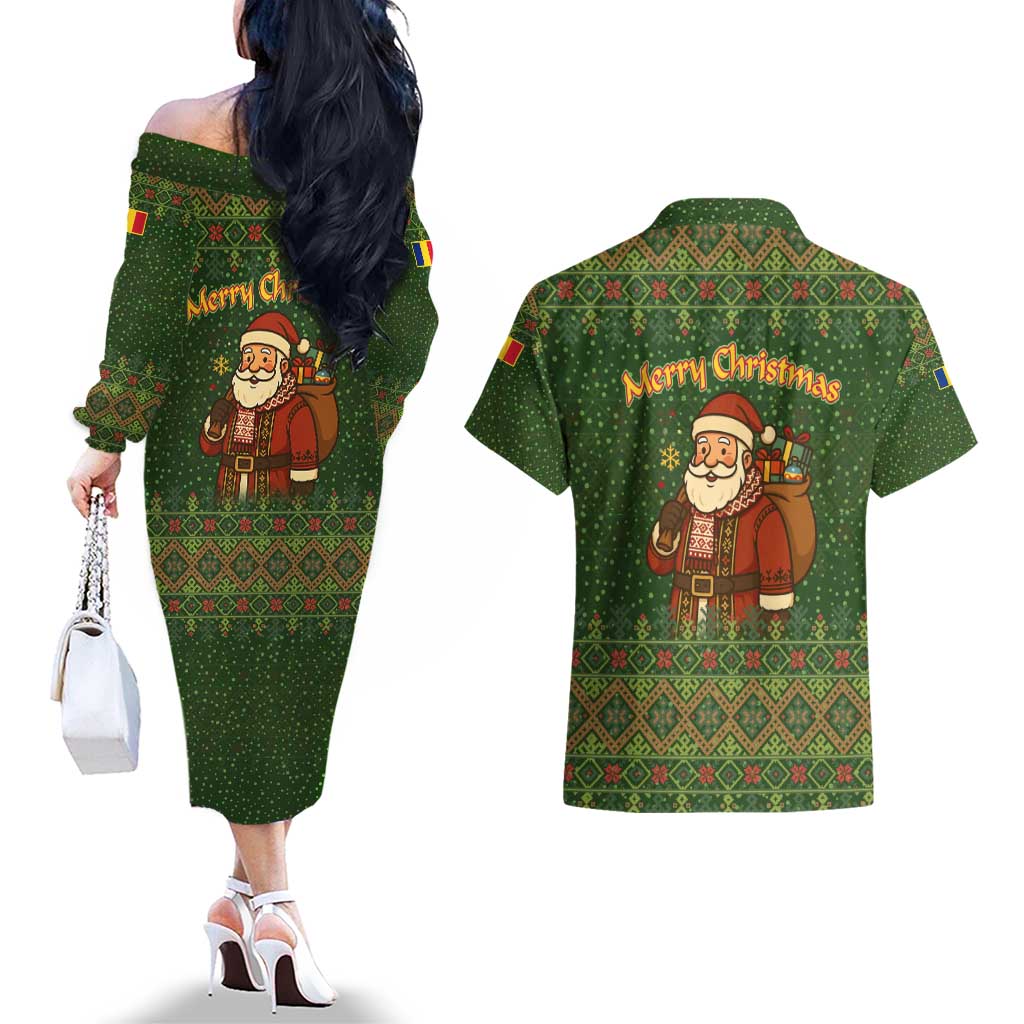 Romania Christmas Couples Matching Off The Shoulder Long Sleeve Dress and Hawaiian Shirt with Map Tricolor Flag Golden Eagle and Santa Motif - Wonder Print Shop
