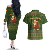 Romania Christmas Couples Matching Off The Shoulder Long Sleeve Dress and Hawaiian Shirt with Map Tricolor Flag Golden Eagle and Santa Motif - Wonder Print Shop