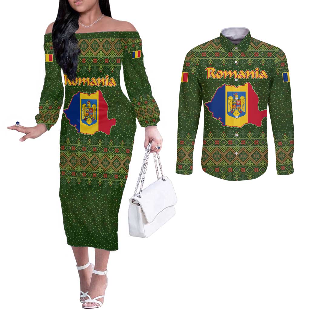 Romania Christmas Couples Matching Off The Shoulder Long Sleeve Dress and Long Sleeve Button Shirt with Map Tricolor Flag Golden Eagle and Santa Motif - Wonder Print Shop