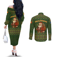 Romania Christmas Couples Matching Off The Shoulder Long Sleeve Dress and Long Sleeve Button Shirt with Map Tricolor Flag Golden Eagle and Santa Motif - Wonder Print Shop