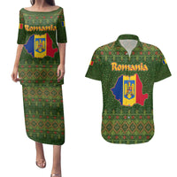 Romania Christmas Couples Matching Puletasi and Hawaiian Shirt with Map Tricolor Flag Golden Eagle and Santa Motif - Wonder Print Shop