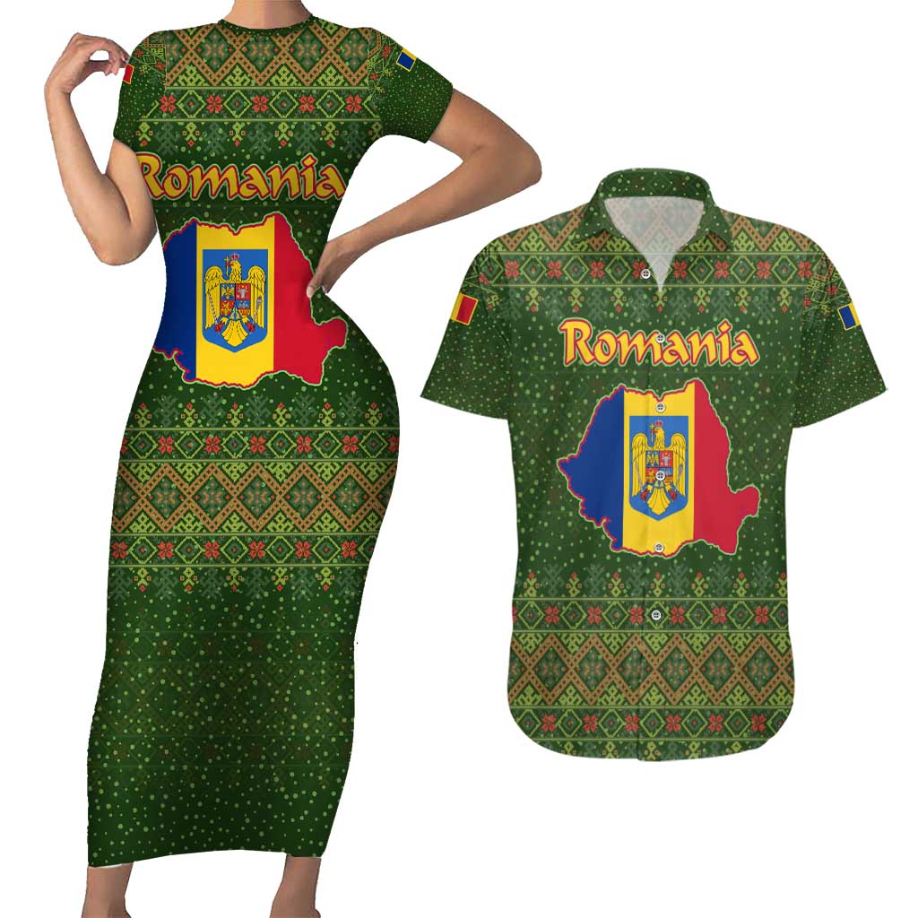 Romania Christmas Couples Matching Short Sleeve Bodycon Dress and Hawaiian Shirt with Map Tricolor Flag Golden Eagle and Santa Motif - Wonder Print Shop