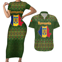 Romania Christmas Couples Matching Short Sleeve Bodycon Dress and Hawaiian Shirt with Map Tricolor Flag Golden Eagle and Santa Motif - Wonder Print Shop