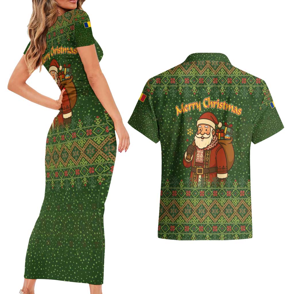 Romania Christmas Couples Matching Short Sleeve Bodycon Dress and Hawaiian Shirt with Map Tricolor Flag Golden Eagle and Santa Motif - Wonder Print Shop