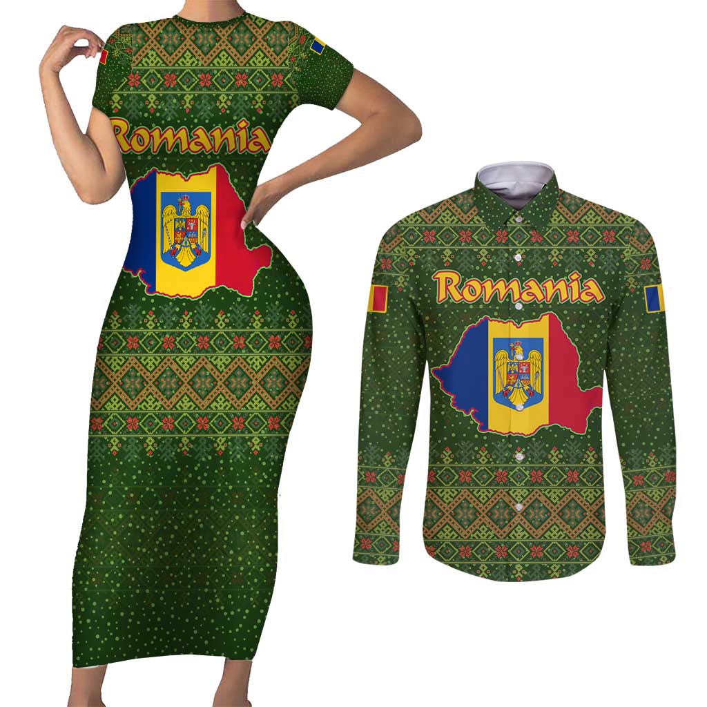 Romania Christmas Couples Matching Short Sleeve Bodycon Dress and Long Sleeve Button Shirt with Map Tricolor Flag Golden Eagle and Santa Motif - Wonder Print Shop