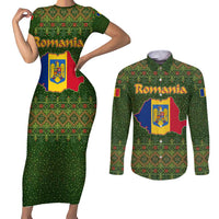 Romania Christmas Couples Matching Short Sleeve Bodycon Dress and Long Sleeve Button Shirt with Map Tricolor Flag Golden Eagle and Santa Motif - Wonder Print Shop