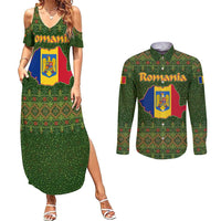 Romania Christmas Couples Matching Summer Maxi Dress and Long Sleeve Button Shirt with Map Tricolor Flag Golden Eagle and Santa Motif - Wonder Print Shop