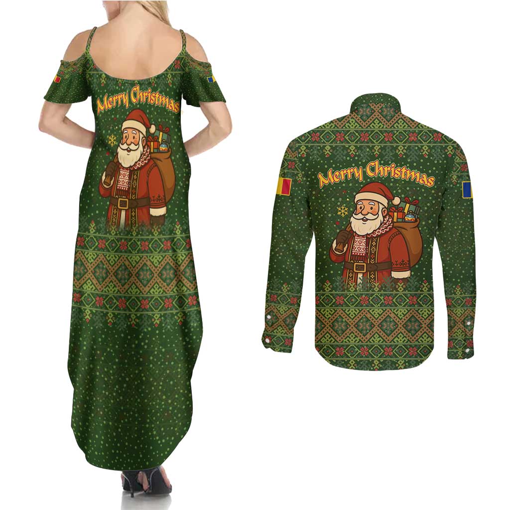 Romania Christmas Couples Matching Summer Maxi Dress and Long Sleeve Button Shirt with Map Tricolor Flag Golden Eagle and Santa Motif - Wonder Print Shop