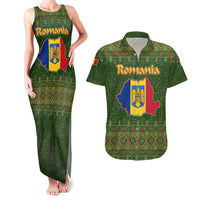 Romania Christmas Couples Matching Tank Maxi Dress and Hawaiian Shirt with Map Tricolor Flag Golden Eagle and Santa Motif - Wonder Print Shop