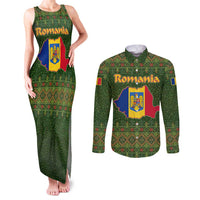 Romania Christmas Couples Matching Tank Maxi Dress and Long Sleeve Button Shirt with Map Tricolor Flag Golden Eagle and Santa Motif - Wonder Print Shop