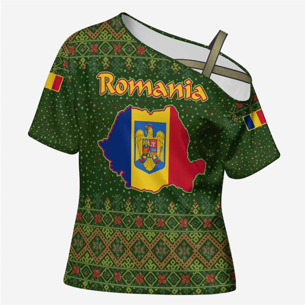 Romania Christmas Cross Shoulder Shirt with Map Tricolor Flag Golden Eagle and Santa Motif - Wonder Print Shop