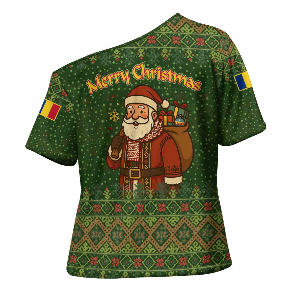 Romania Christmas Cross Shoulder Shirt with Map Tricolor Flag Golden Eagle and Santa Motif - Wonder Print Shop