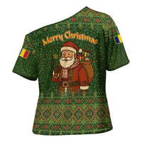 Romania Christmas Cross Shoulder Shirt with Map Tricolor Flag Golden Eagle and Santa Motif - Wonder Print Shop