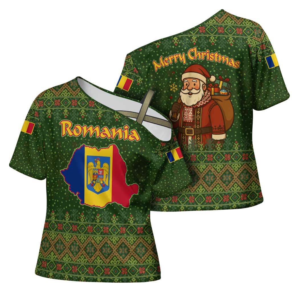 Romania Christmas Cross Shoulder Shirt with Map Tricolor Flag Golden Eagle and Santa Motif - Wonder Print Shop