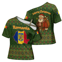 Romania Christmas Cross Shoulder Shirt with Map Tricolor Flag Golden Eagle and Santa Motif - Wonder Print Shop