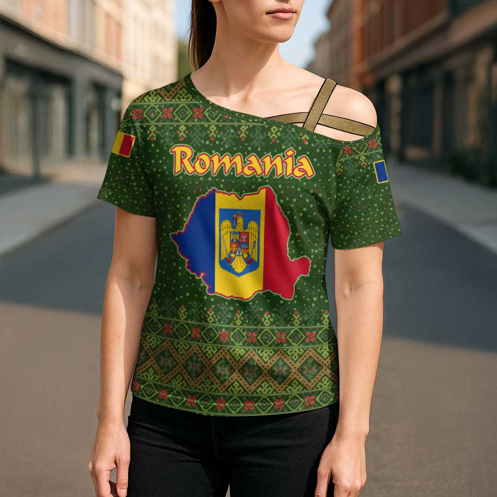 Romania Christmas Cross Shoulder Shirt with Map Tricolor Flag Golden Eagle and Santa Motif - Wonder Print Shop