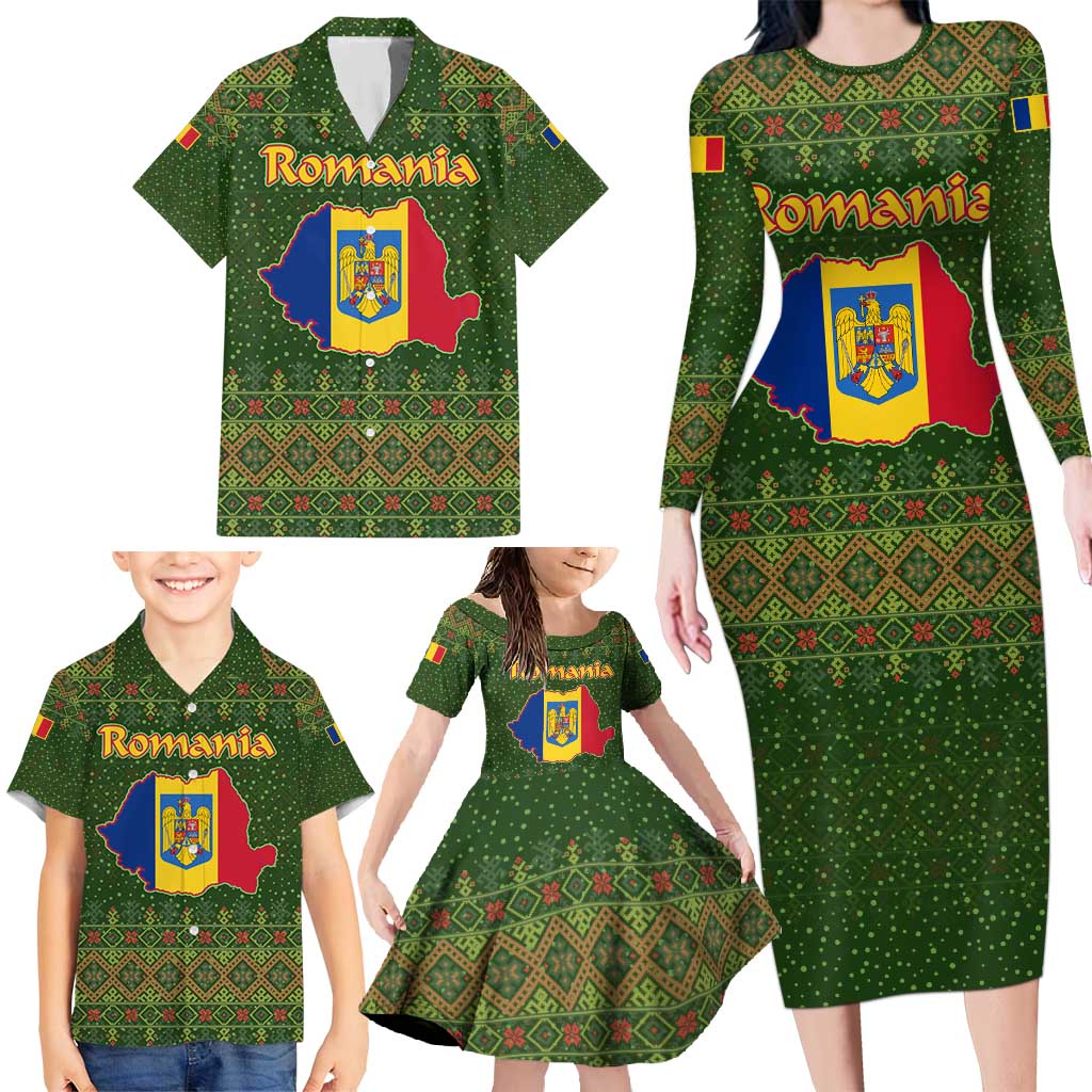 Romania Christmas Family Matching Long Sleeve Bodycon Dress and Hawaiian Shirt with Map Tricolor Flag Golden Eagle and Santa Motif - Wonder Print Shop