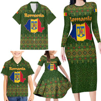 Romania Christmas Family Matching Long Sleeve Bodycon Dress and Hawaiian Shirt with Map Tricolor Flag Golden Eagle and Santa Motif - Wonder Print Shop
