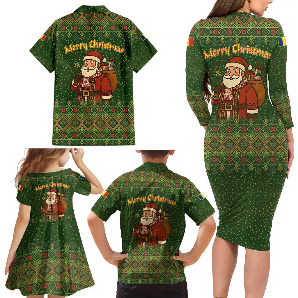 Romania Christmas Family Matching Long Sleeve Bodycon Dress and Hawaiian Shirt with Map Tricolor Flag Golden Eagle and Santa Motif - Wonder Print Shop