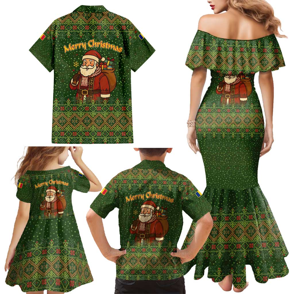 Romania Christmas Family Matching Mermaid Dress and Hawaiian Shirt with Map Tricolor Flag Golden Eagle and Santa Motif - Wonder Print Shop