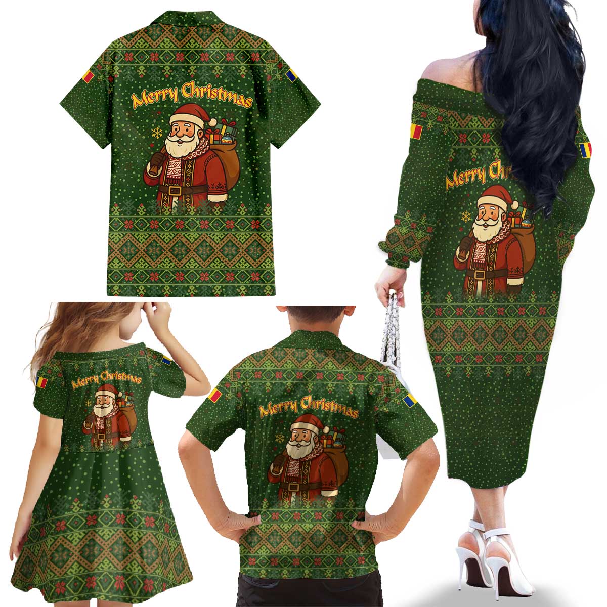 Romania Christmas Family Matching Off The Shoulder Long Sleeve Dress and Hawaiian Shirt with Map Tricolor Flag Golden Eagle and Santa Motif - Wonder Print Shop