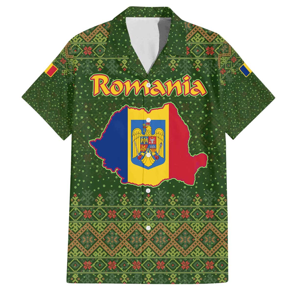 Romania Christmas Family Matching Off The Shoulder Long Sleeve Dress and Hawaiian Shirt with Map Tricolor Flag Golden Eagle and Santa Motif - Wonder Print Shop