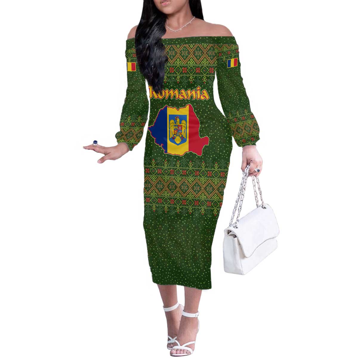 Romania Christmas Family Matching Off The Shoulder Long Sleeve Dress and Hawaiian Shirt with Map Tricolor Flag Golden Eagle and Santa Motif - Wonder Print Shop