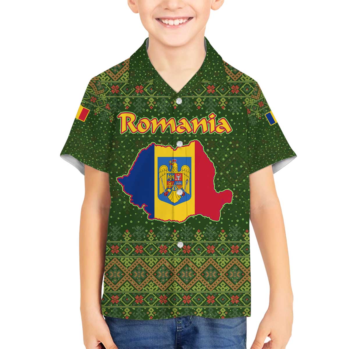 Romania Christmas Family Matching Off The Shoulder Long Sleeve Dress and Hawaiian Shirt with Map Tricolor Flag Golden Eagle and Santa Motif - Wonder Print Shop
