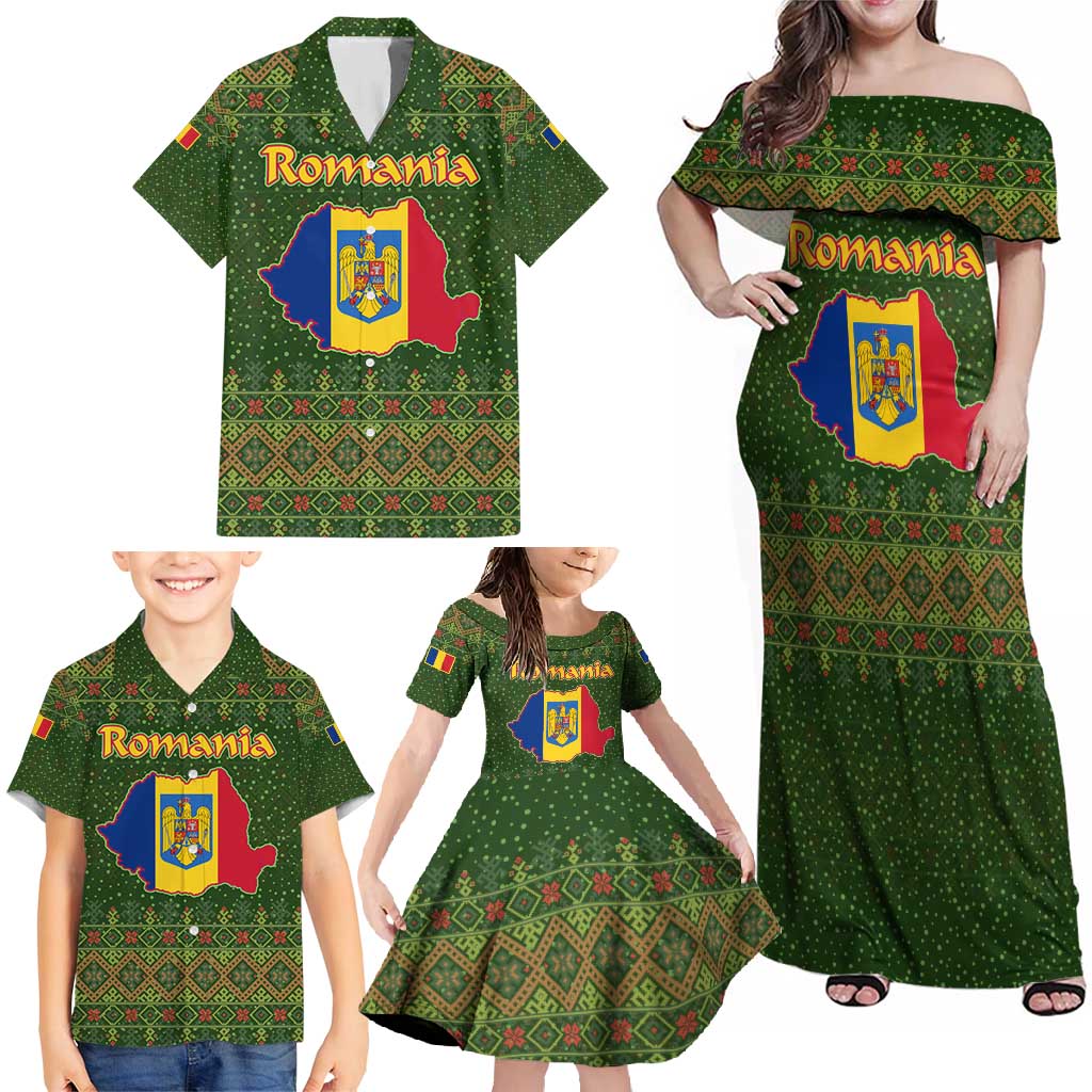 Romania Christmas Family Matching Off Shoulder Maxi Dress and Hawaiian Shirt with Map Tricolor Flag Golden Eagle and Santa Motif - Wonder Print Shop