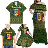 Romania Christmas Family Matching Off Shoulder Maxi Dress and Hawaiian Shirt with Map Tricolor Flag Golden Eagle and Santa Motif - Wonder Print Shop
