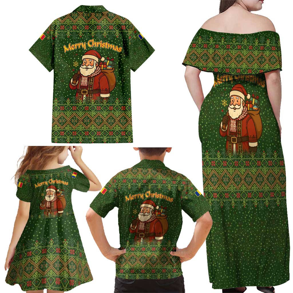 Romania Christmas Family Matching Off Shoulder Maxi Dress and Hawaiian Shirt with Map Tricolor Flag Golden Eagle and Santa Motif - Wonder Print Shop