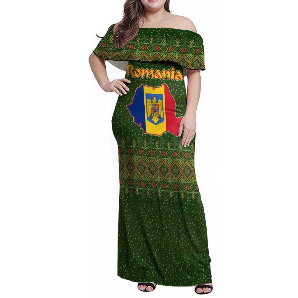 Romania Christmas Family Matching Off Shoulder Maxi Dress and Hawaiian Shirt with Map Tricolor Flag Golden Eagle and Santa Motif - Wonder Print Shop