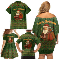 Romania Christmas Family Matching Off Shoulder Short Dress and Hawaiian Shirt with Map Tricolor Flag Golden Eagle and Santa Motif - Wonder Print Shop