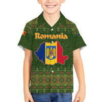 Romania Christmas Family Matching Off Shoulder Short Dress and Hawaiian Shirt with Map Tricolor Flag Golden Eagle and Santa Motif - Wonder Print Shop
