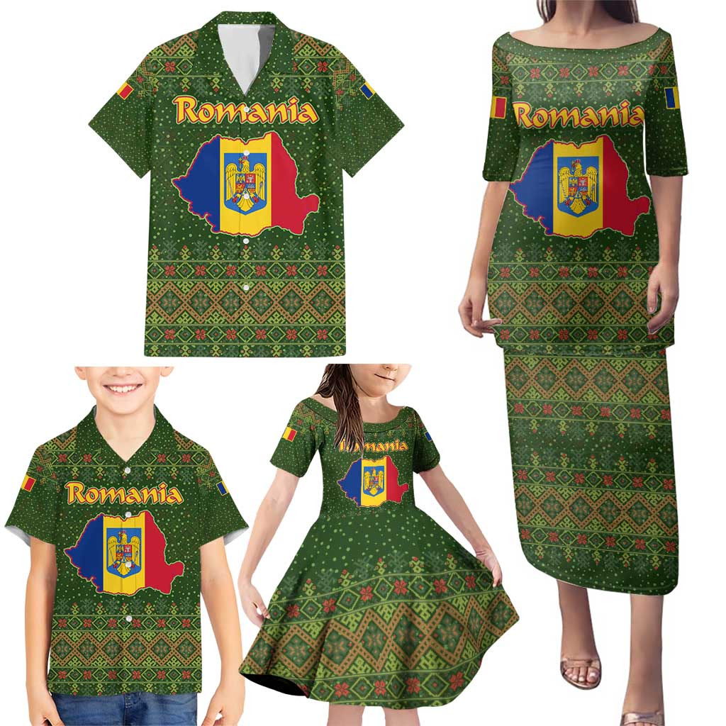 Romania Christmas Family Matching Puletasi and Hawaiian Shirt with Map Tricolor Flag Golden Eagle and Santa Motif - Wonder Print Shop