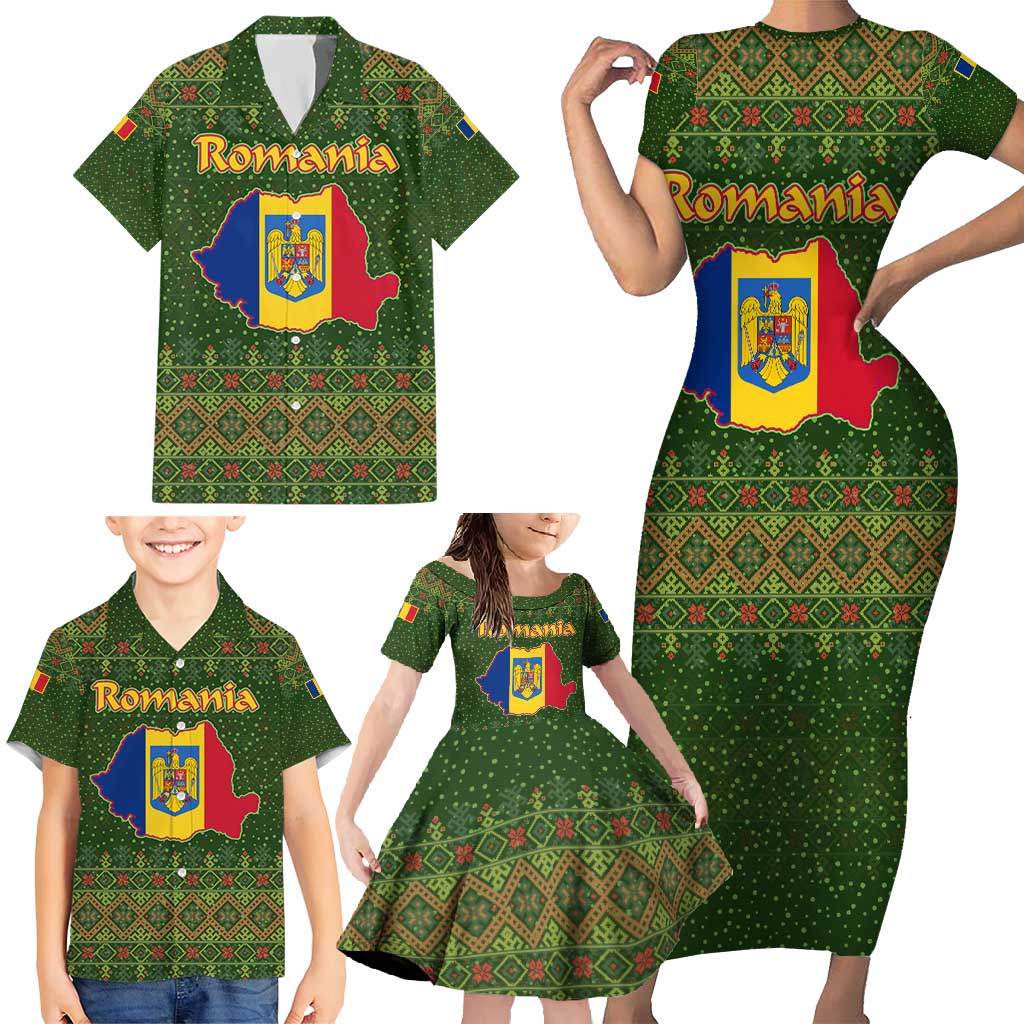 Romania Christmas Family Matching Short Sleeve Bodycon Dress and Hawaiian Shirt with Map Tricolor Flag Golden Eagle and Santa Motif - Wonder Print Shop