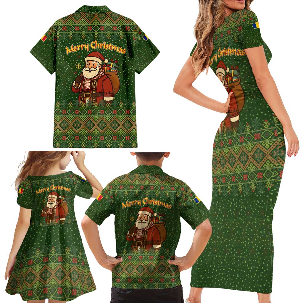 Romania Christmas Family Matching Short Sleeve Bodycon Dress and Hawaiian Shirt with Map Tricolor Flag Golden Eagle and Santa Motif - Wonder Print Shop
