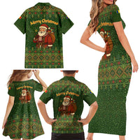 Romania Christmas Family Matching Short Sleeve Bodycon Dress and Hawaiian Shirt with Map Tricolor Flag Golden Eagle and Santa Motif - Wonder Print Shop