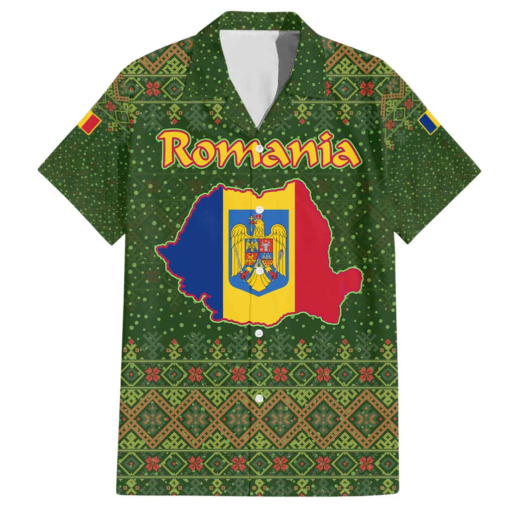 Romania Christmas Family Matching Short Sleeve Bodycon Dress and Hawaiian Shirt with Map Tricolor Flag Golden Eagle and Santa Motif - Wonder Print Shop