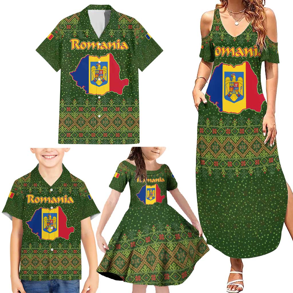 Romania Christmas Family Matching Summer Maxi Dress and Hawaiian Shirt with Map Tricolor Flag Golden Eagle and Santa Motif - Wonder Print Shop