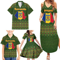 Romania Christmas Family Matching Summer Maxi Dress and Hawaiian Shirt with Map Tricolor Flag Golden Eagle and Santa Motif - Wonder Print Shop